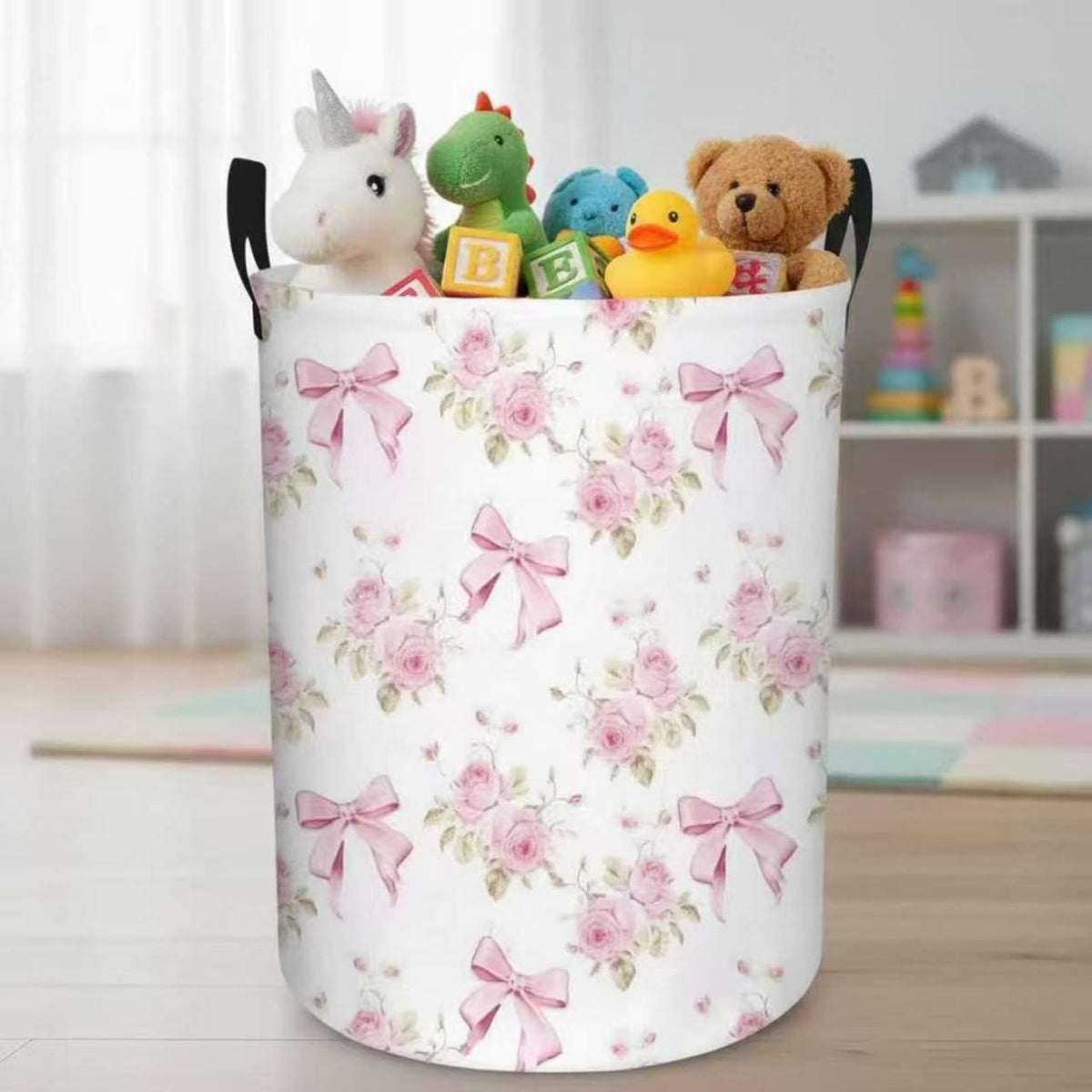Baby Girl Laundry Basket Kids Nursery Gift Hamper Bow Room Deco (Pink Flower Bowknot)