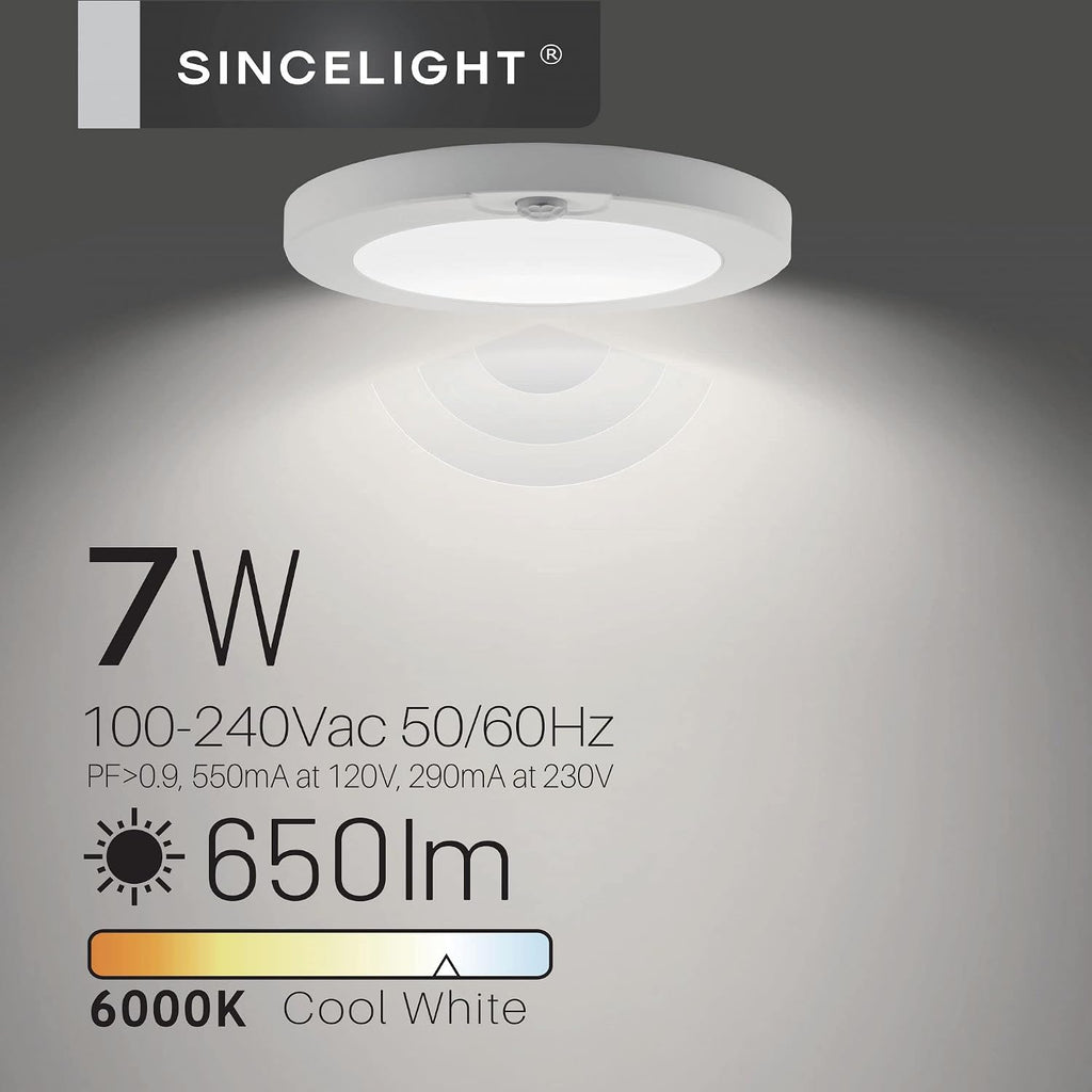 SINCELIGHT PIR Motion Sensor 7W LED Ceiling Light (Φ6''/146mm), Automatically ON/Off, Movement Activated, Cool White 6000K, Surface/Flush Mount for Closet,Cabinet,Hallway, Damp Use, Pack of 1
