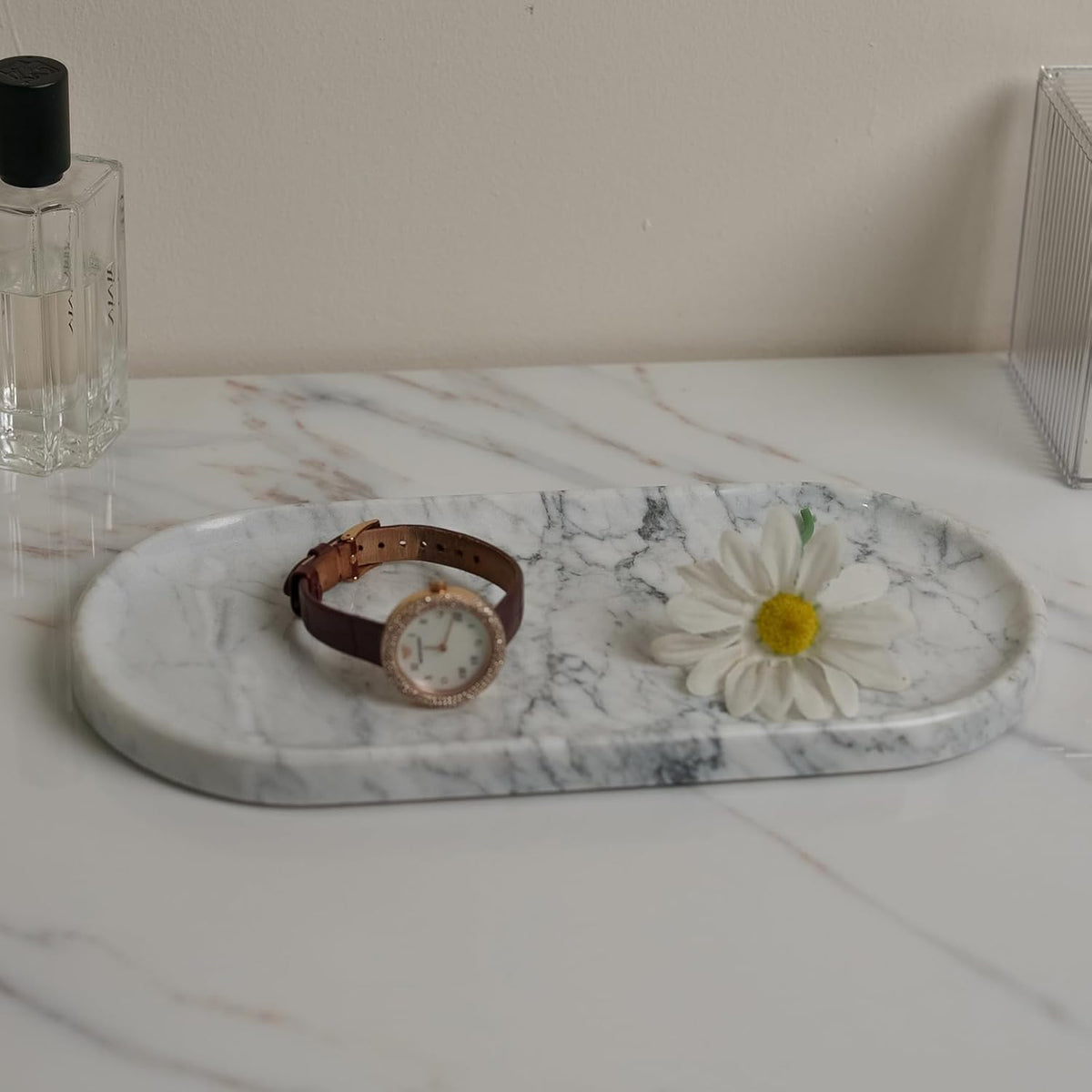 Natural Marble Tray 9.8”x4.7”x0.6” | Hand-Polished Oval Stone Tray for Bathroom Vanity & Jewelry Display – Durable, Unique Vein Patterns (Carrara White)