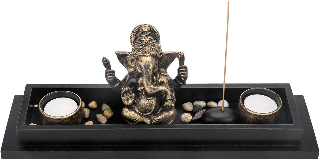 MyGift Mini Zen Garden with Ganesh Statue, Incense Stick Burner, Tealight Candle Holders, Decorative Rocks and Display Tray
