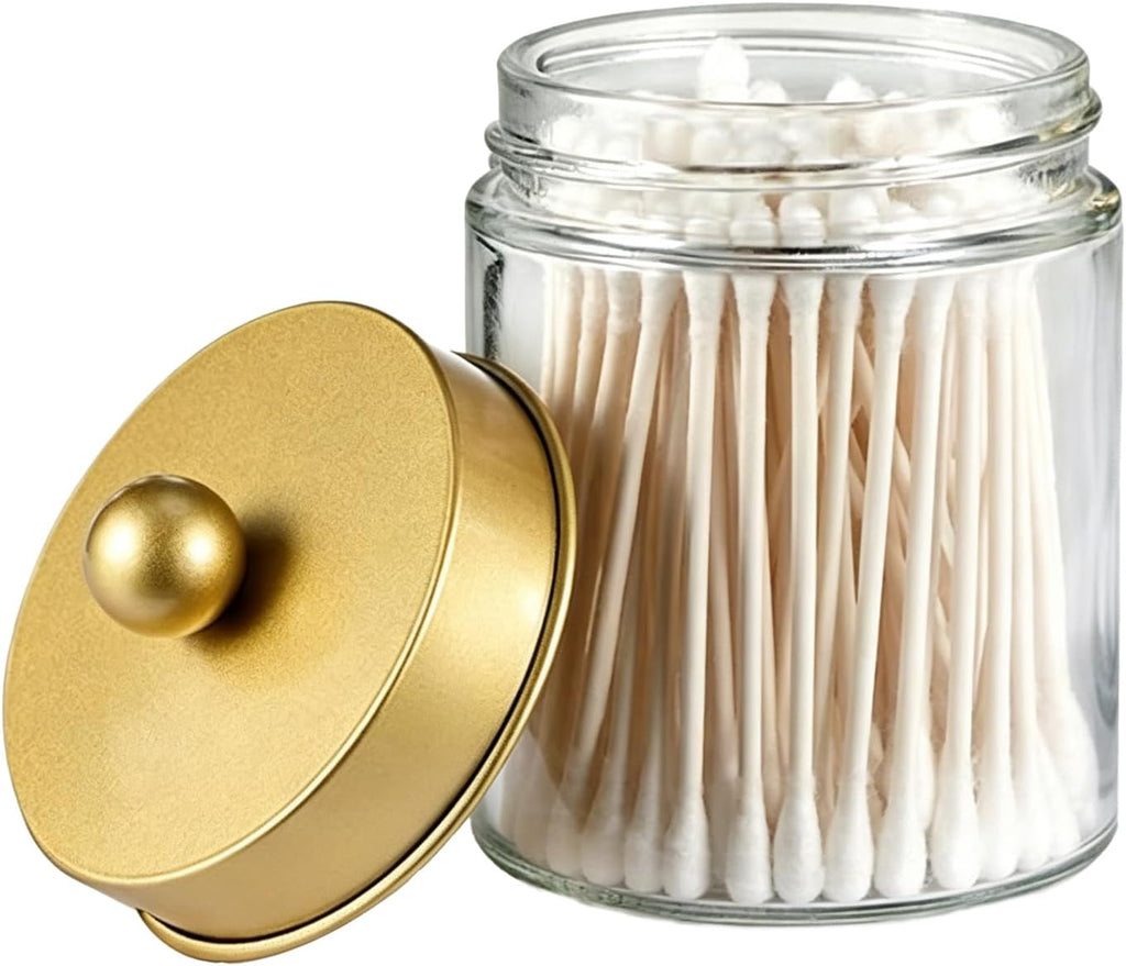 Amolliar Clear Glass Apothecary Jar Qtip Holder w/Metal Lids, Gold