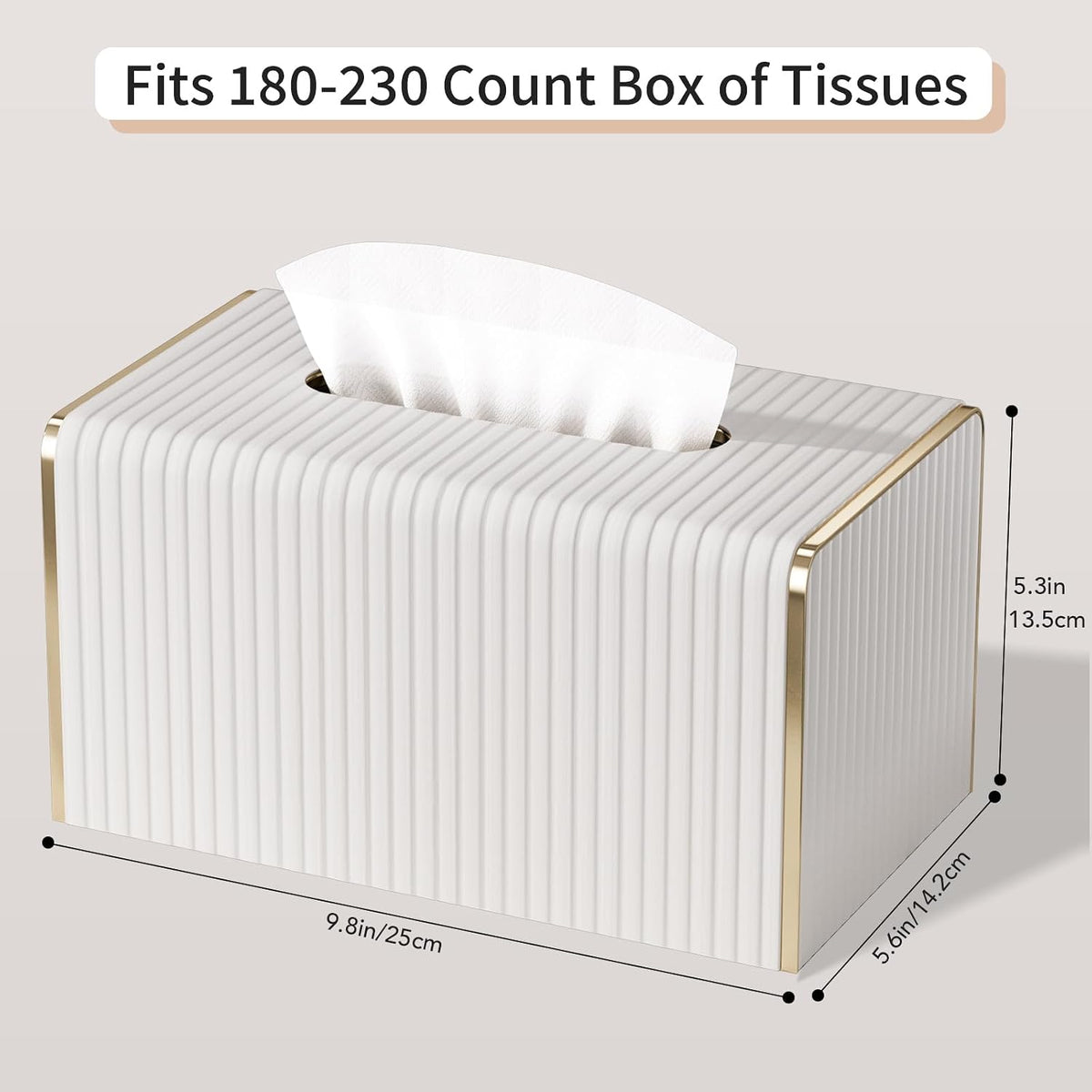 Extra Large Tissue Box Cover for Standard Size 180 to 230 Count Box of Tissues, PU Leather Rectangle Tissue Holder with Magnetic Closure， Gold-Tone Edging Decoration (Ivory)