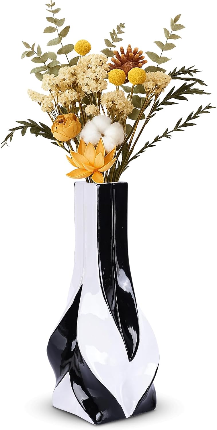 10.6" Black and White Ceramic Vase, Modern Geometric Flower Vase for Dining Table Centerpiece, Elegant Decorative Vase for Pampas Grass, Living Room, Bedroom, Office, Tabletop Decoration