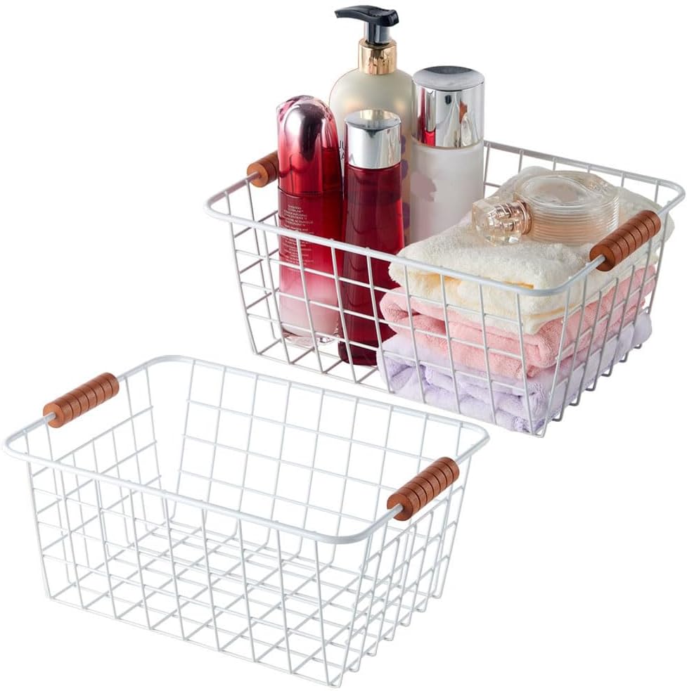 JUNCHU CHERRY Wire Kitchen Storage Basket 2 Packs,Perfect Pantry Organization Accessories Baskets,Laundry Basket,With a Wooden Handle,Suitable for Kitchen,Bathroom,Bedroom,Tabletop,Stackable,White