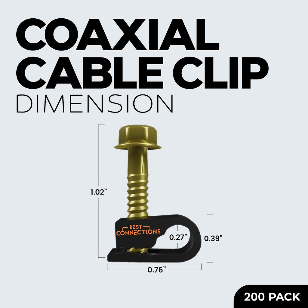 BEST CONNECTIONS Coaxial Cable Clips with Pre-Inserted Screw (200 Pack) – Black Single Cable Mounting Clamps for Coax Cable (RG6, RG59) and Ethernet Cable – Cord Fastener/Strain Relief Clip