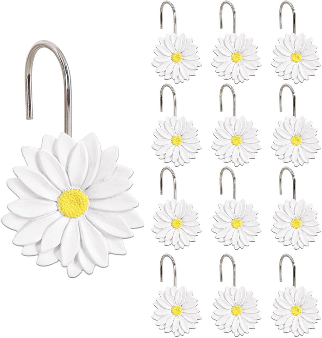 12-Piece White Flowers Daisy Floral Shower Curtain Hooks for Bathroom