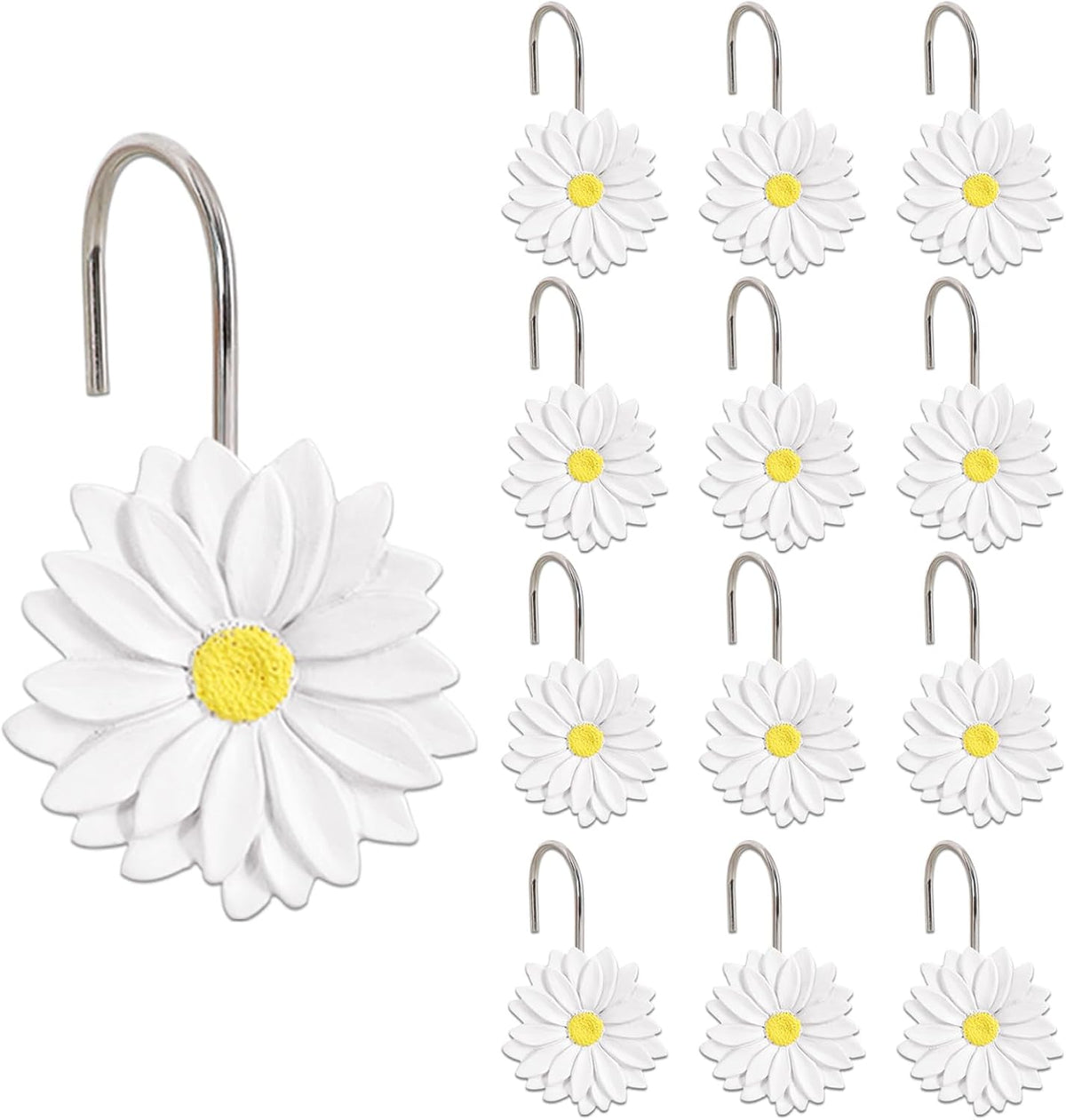 12-Piece White Flowers Daisy Floral Shower Curtain Hooks for Bathroom