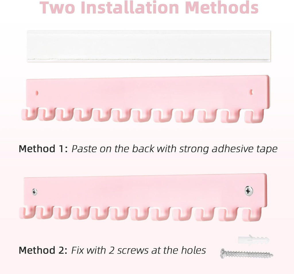 Acrylic Necklace Holder 4 Pack Wall Mounted Necklace Organizer Hanging Jewelry Organizer with 12 Hooks for Necklaces, Bracelets, Rings and Bangles Display Pink