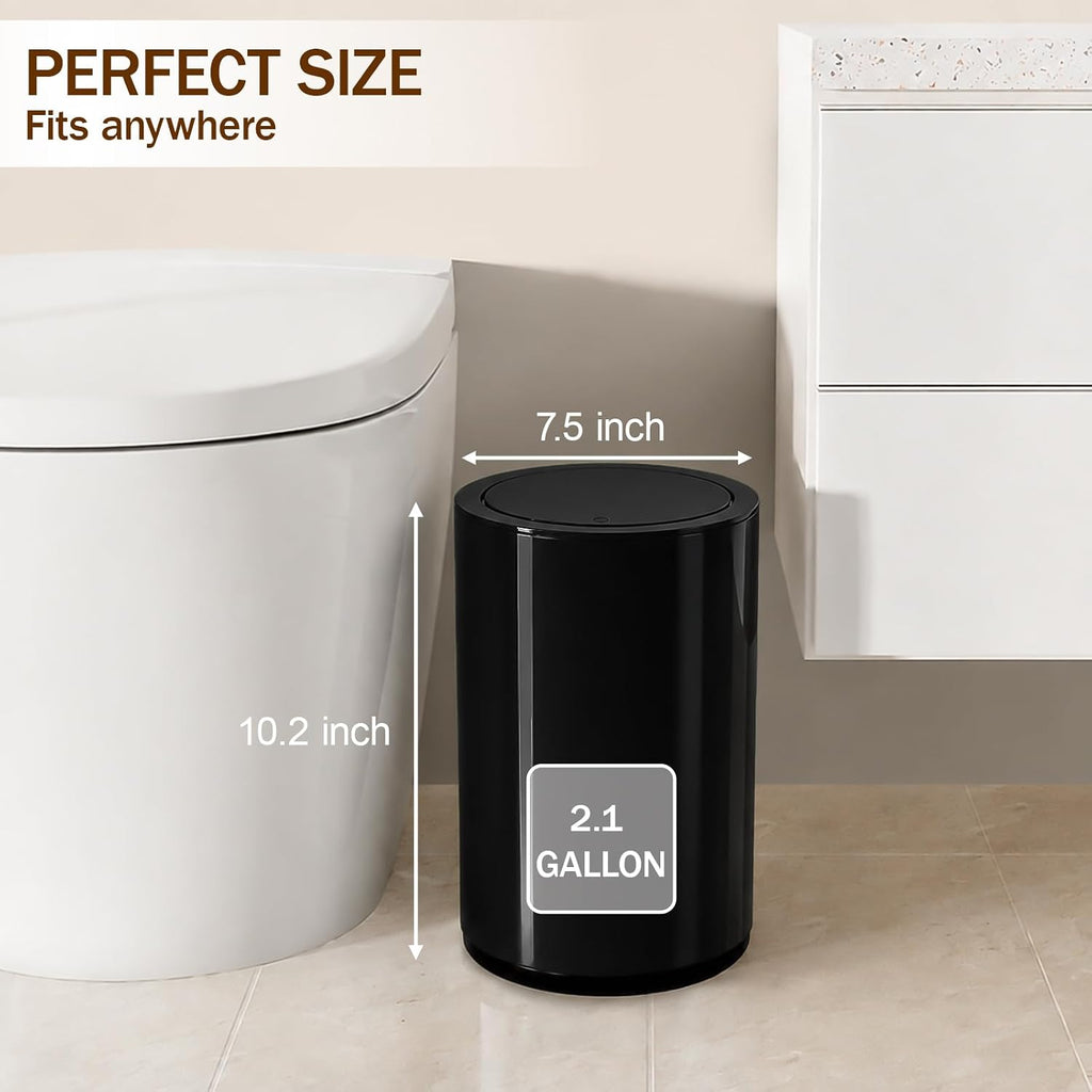 Small Bathroom Trash Can with Lid, 2.1 Gallon Plastic Garbage Can Black