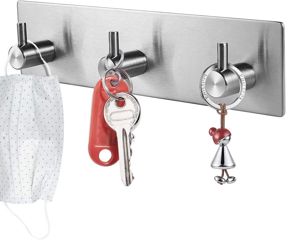 Picowe Key Holder for Wall Decorative, Adhesive Stainless Steel Key Hooks, Key Hanger Key Organizer for Wall, Towel Hook Coat Hanger for Entryway Hallway Kitchen(Three Rows,Sliver 1PCS)