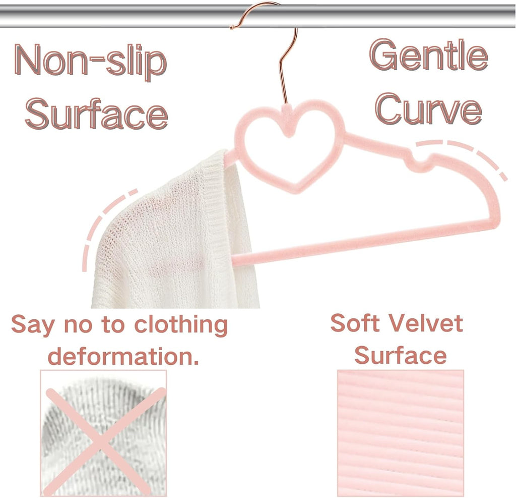 Coloch 50 Pack Pink Velvet Hangers for Kids, 12.8 in Non-Slip Baby Hangers with 20 Clips for Closet, Space-Saving Slim Felt Children Clothes Hanger for Nursery, Preteen, Coat, Dress, Shirt