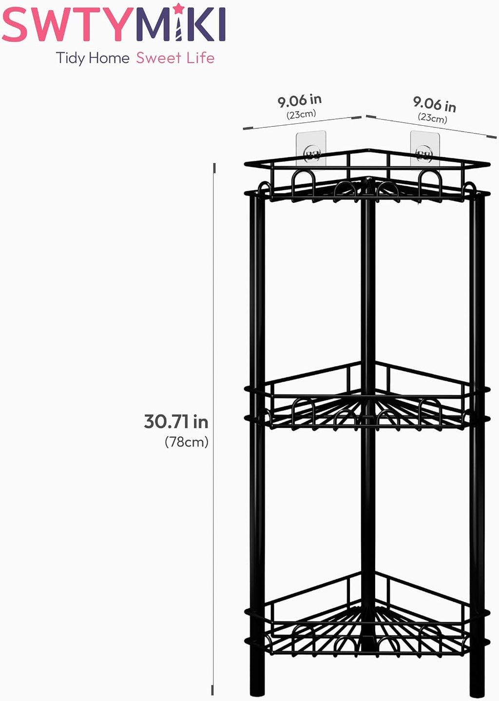 SWTYMIKI Standing Shower Caddy Corner - 3‑Tier Stainless Steel Shower Organizer Shelf with 12 Hooks and Adhesive Pads, Rustproof Corner Shelves Stand Rack for Bathroom Shower Room, Black
