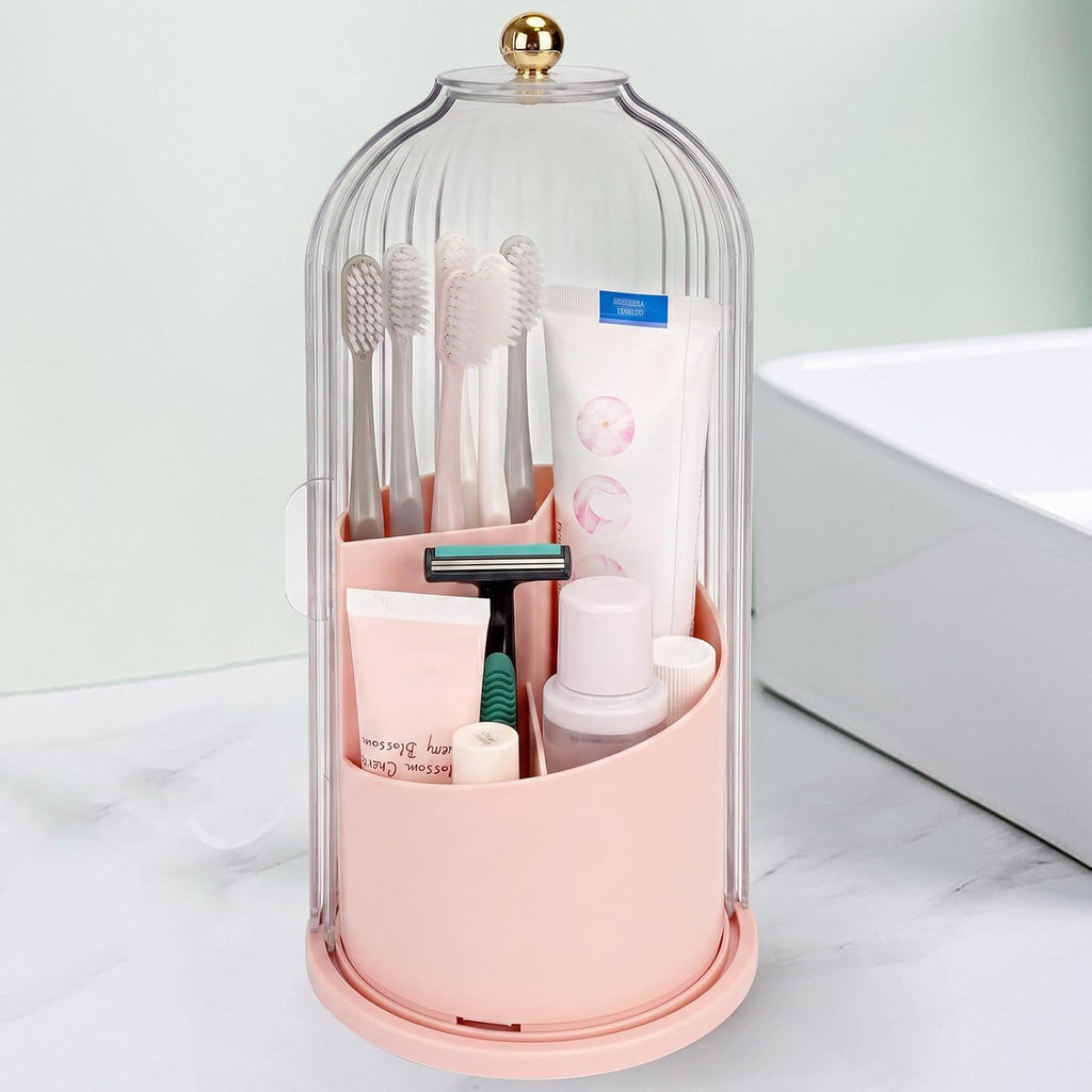 QIYVLOS Toothbrush Holders with Sliding Lid, Rotating 3 Slots Bathroom Organizer Countertop, Tooth Brush Toothpaste Holder Bathroom Counter Stand Sink Organizer Caddy for Makeup Brushes Holder (Pink)