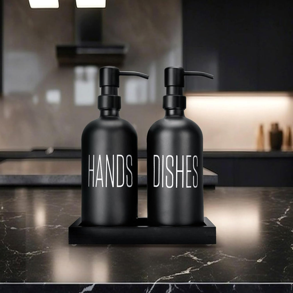 Black Soap Dispenser Set， Hand Soap Dispenser and Dish Soap Dispenser for Kitchen， Glass Kitchen Soap Dispenser Set with Pump， for farmohouse Kitchen Counter Décor