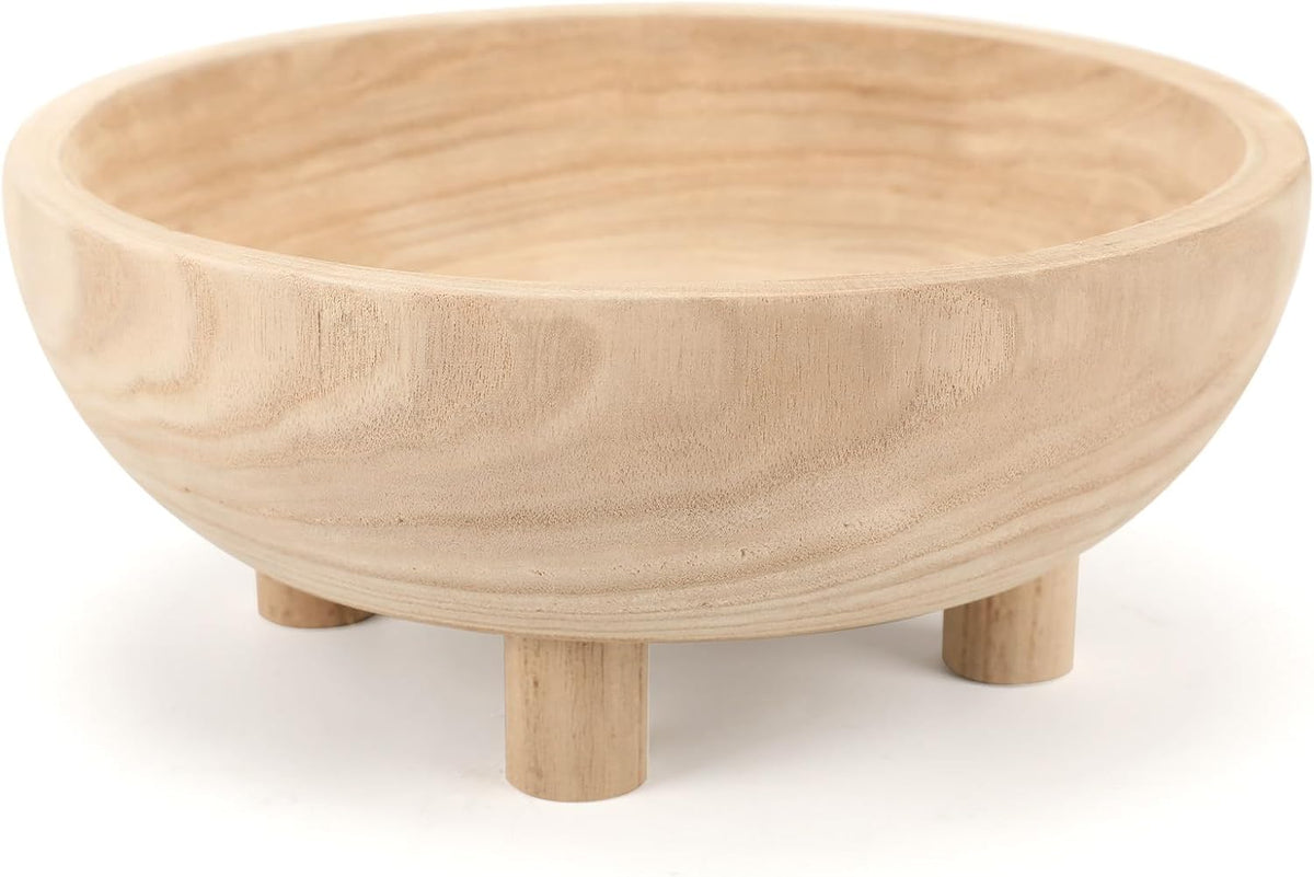 Wooden Decorative Bowl | 11" Large Wood Fruit Bowl for Kitchen Counter | Key Bowl for Entryway Table, Table Centerpieces, Shelf, Coffee Table | Natural Organic Paulownia Wood Bowl with Base | White