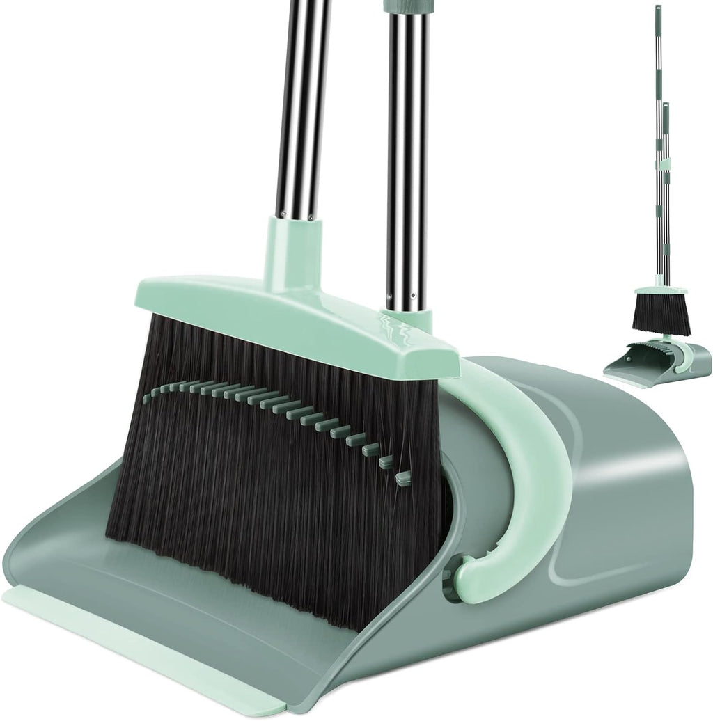 Ivandar Broom and Dustpan Set for Home, Dust pan with Long Handle, Broom with Dustpan Combo Set, for Home Kitchen Room Office Lobby Floor Use Upright Stand Up Sweeping (Gray&Green)