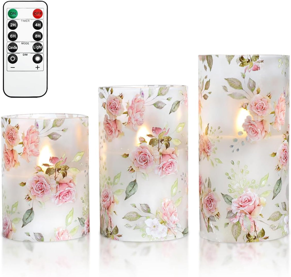 Rose Flameless Candles with Remote Real Wax Blinks Glass Battery Operated Candles - Home Party Wedding Thanksgiving Christmas Summer Decor - Set of 3