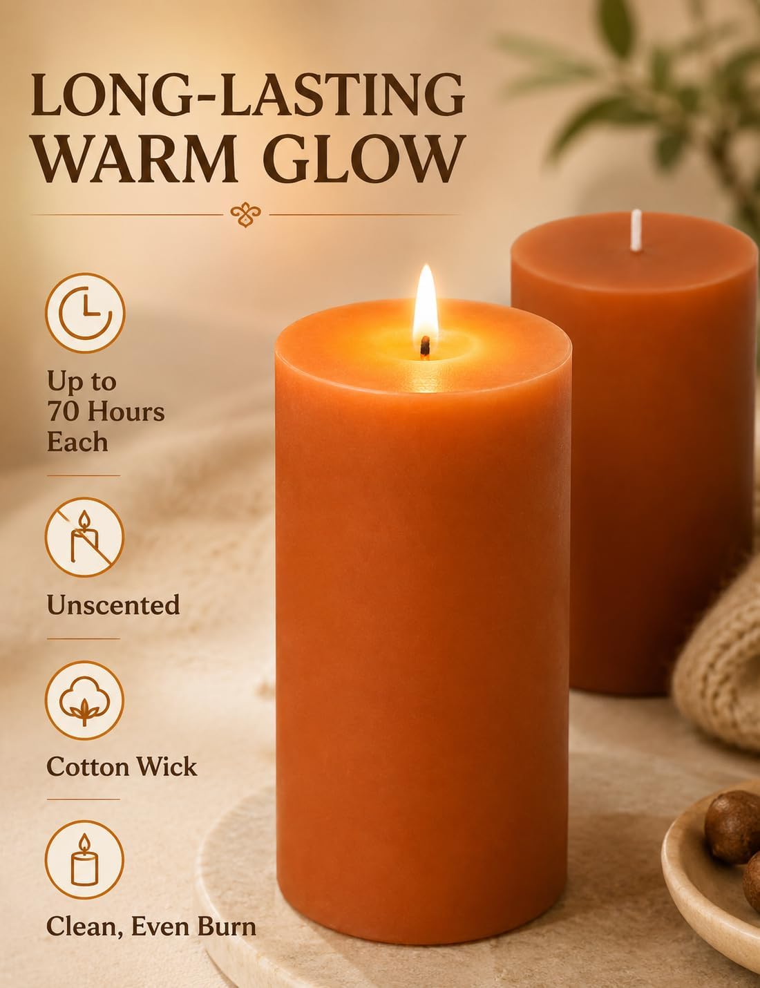 2 Pack 3 x 6 Inch Burnt Orange Unscented Pillar Candles