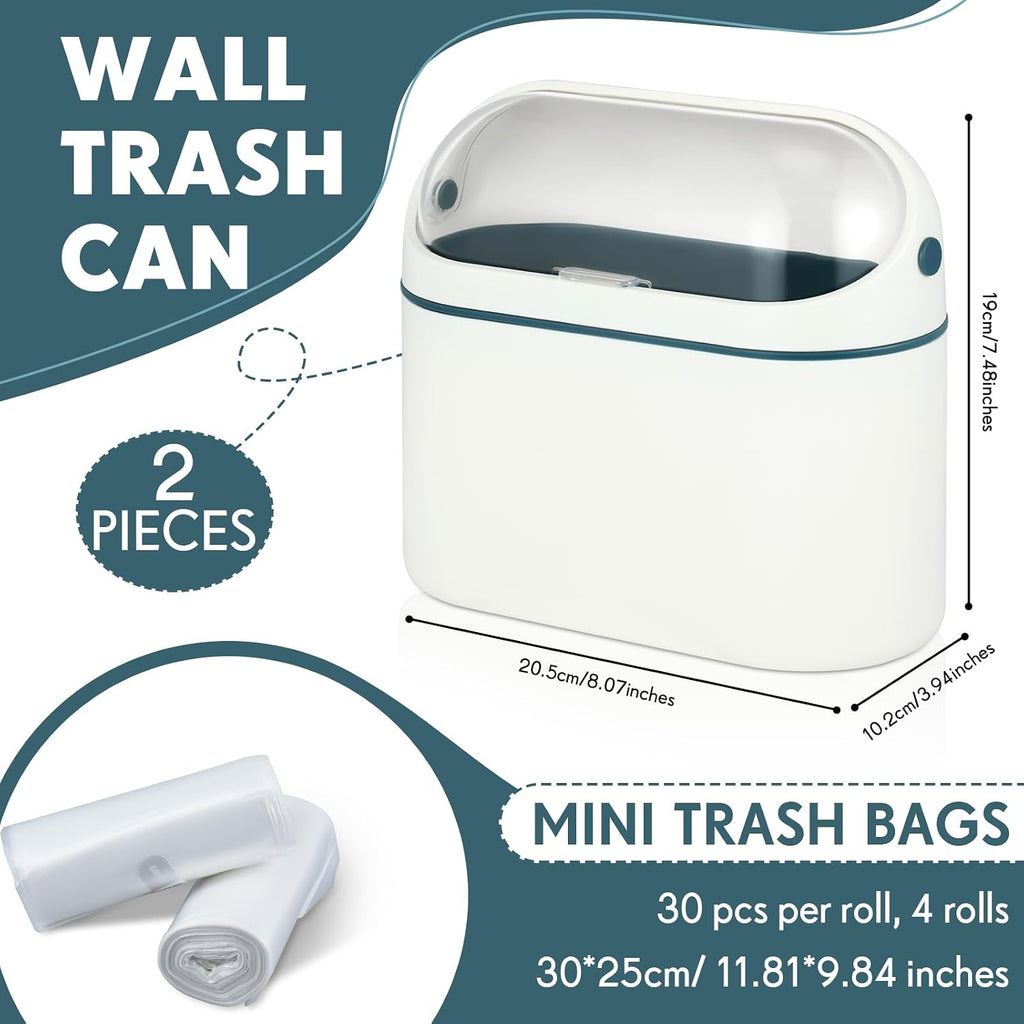 Bokon 2 Pack Mini Trash Can with Lid, 0.5 Gal Small Wall Mounted Trash Bin for Bathroom Vanity, Desk, Countertop, Cabinet Door and Office, Includes 120 Trashbags, White