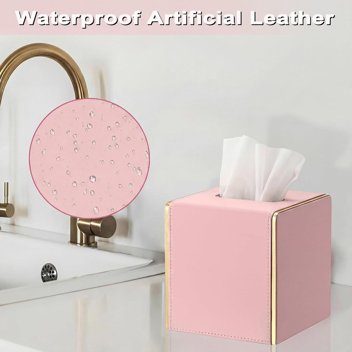 Sumnacon PU Square Tissue Box Cover, Magnetic Bottom, Waterproof, Pink