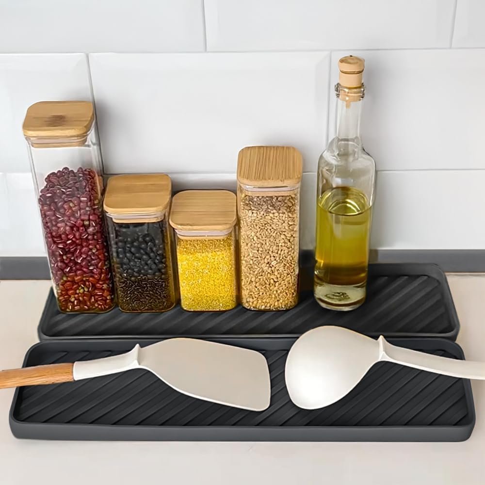 Silicone Organizer Tray for Kitchen Sinks and Bathrooms. Dishwasher-Safe, Non-Slip Countertop Tray, Bathroom Drawer Organizer Trays. Perfect for Makeup & Trinkets (Dark Gray L 1PC)