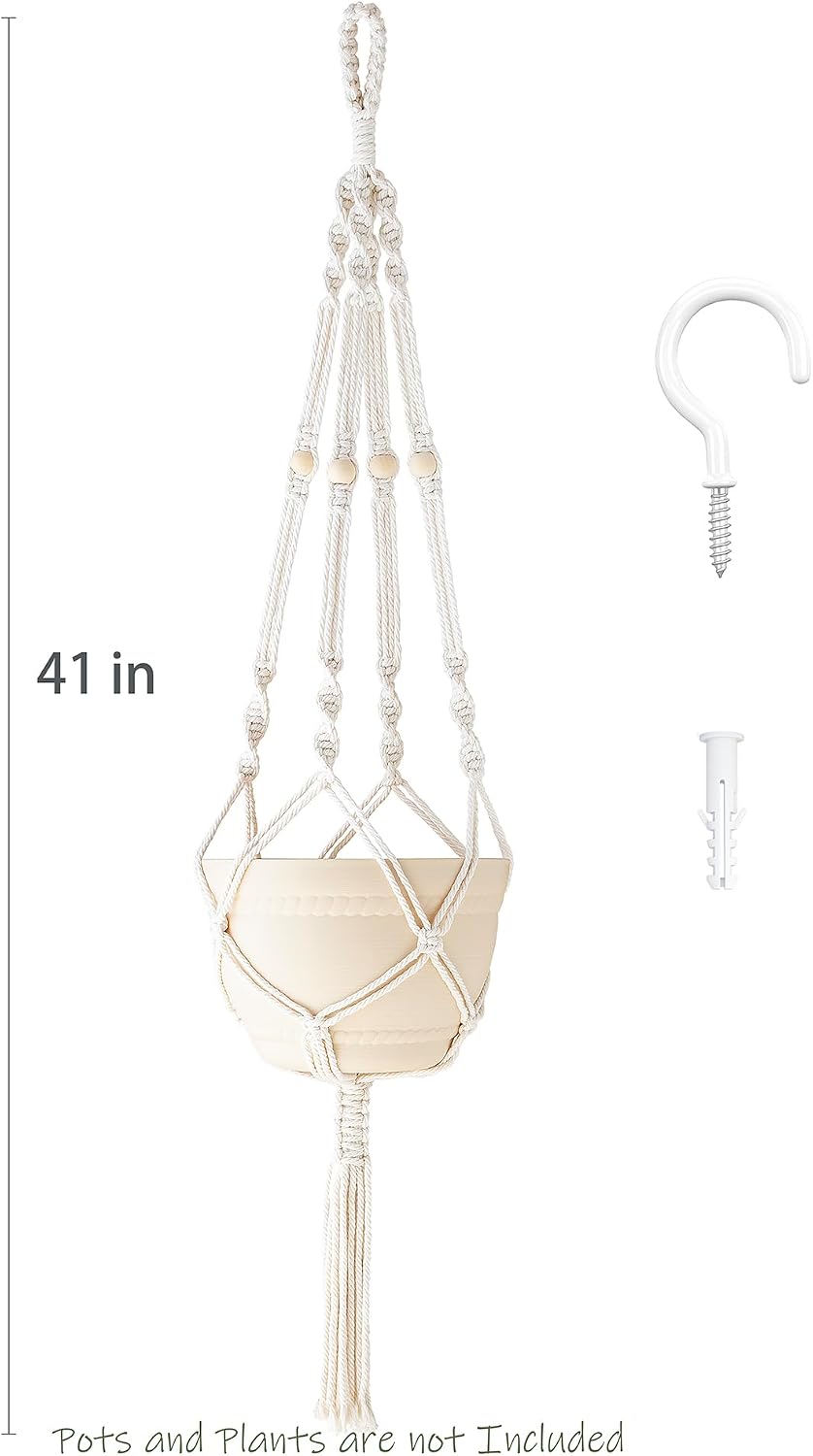 Macrame Plant Hanger Indoor with Wood Beads and Tassels,Hanging Planter Flower Pot Holder Boho Home Decor,41 Inch,Ivory(Pots Not Included)