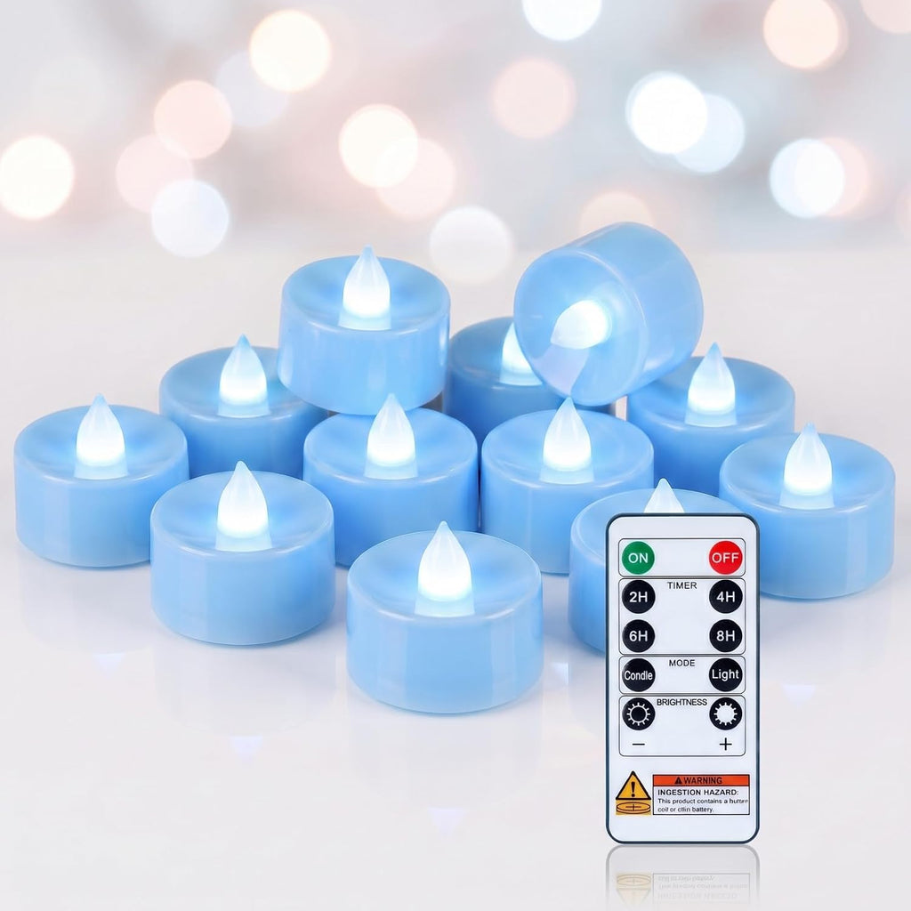 Homemory 12-Pack Light Blue Remote LED Battery Tea Light Candles, 400+ Hrs