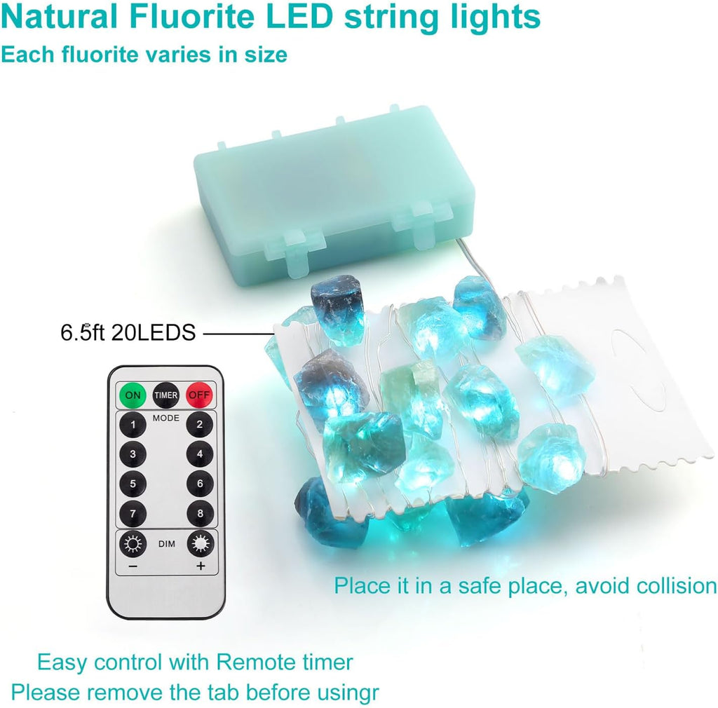 Natural Fluorite String Lights Raw Crystal Decorative Lights Healing Cluster Lit 20 LEDs 6.5ft with Remote Control, Hanging Ornaments Decor Battery Operated for Reiki, Wedding, Divination, Display