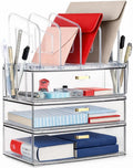 Acrylic Desk Organizer with 4-Vertical File Holder Rack, 3-Clear Drawer and 2 Pen Holders, Desktop Storage for Office Desk Accessories School Classroom Organization (Clear)