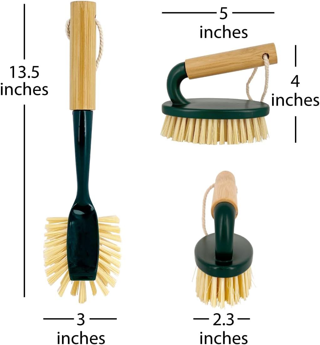 Pine-Sol Scrub Brush Cleaning Tool Set - Heavy Duty Brushes with Bamboo Handles, Dustpan, Shower Squeegee - Dishwashing, Kitchen, and Bathroom Cleaning Supplies, 6 Pieces