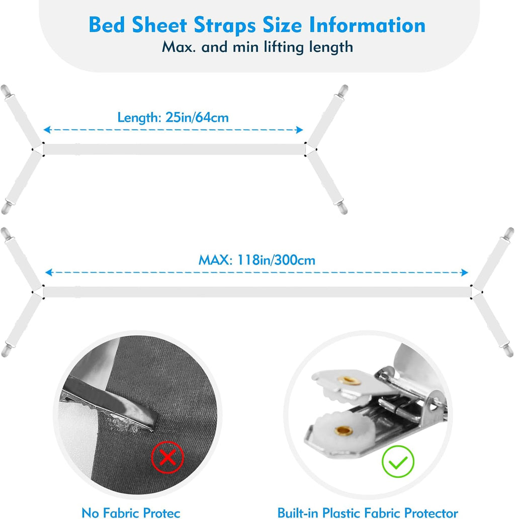 Bed Sheet Straps, 2Pcs Elastic Adjustable Bed Sheet Holder Straps, Fitted Sheet Straps to Hold Sheets in Place with Metal Clips, Sheet Holders for Mattress Cover, Sheet, Sofa Cushion (White)