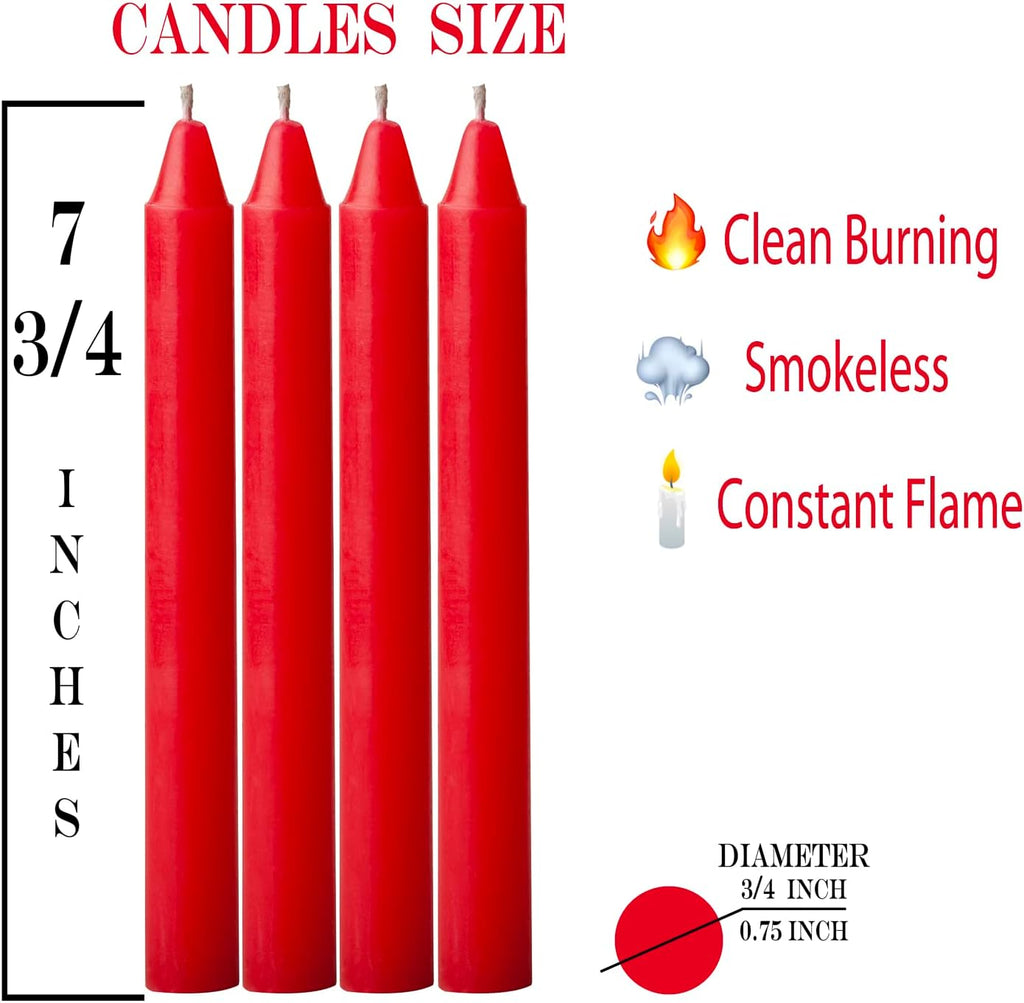 4 pcs Red Set Taper Candle Candlesticks 7 ¾ (7.75 inch) Tall x 3/4 inch (0.75 inch) Diameter -for Dinner Table, Party or Wedding and Table Top décor. (4pc, Red)