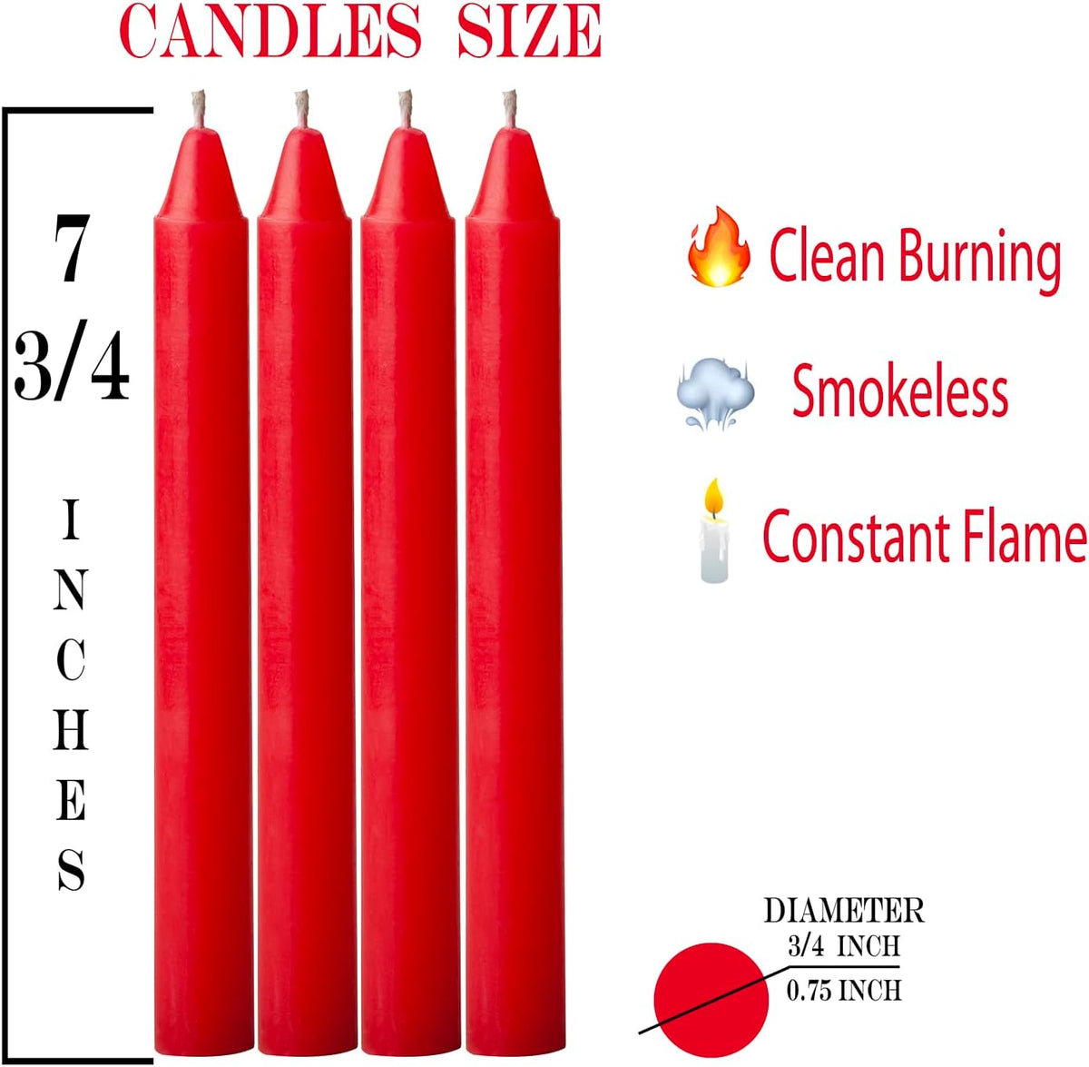 4 pcs Red Set Taper Candle Candlesticks 7 ¾ (7.75 inch) Tall x 3/4 inch (0.75 inch) Diameter -for Dinner Table, Party or Wedding and Table Top décor. (4pc, Red)