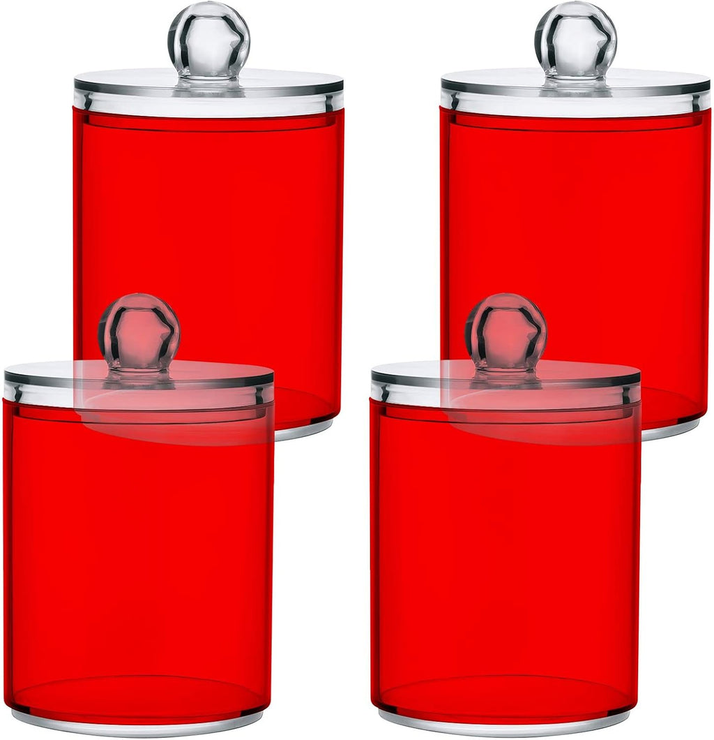 SHJI Red Qtip Holder Organizer Dispenser Cotton Swabs Cans Plastic Jars with Lid Set 2 Pack Bathroom Storage Canister for Cotton Ball Floss Cotton Pads