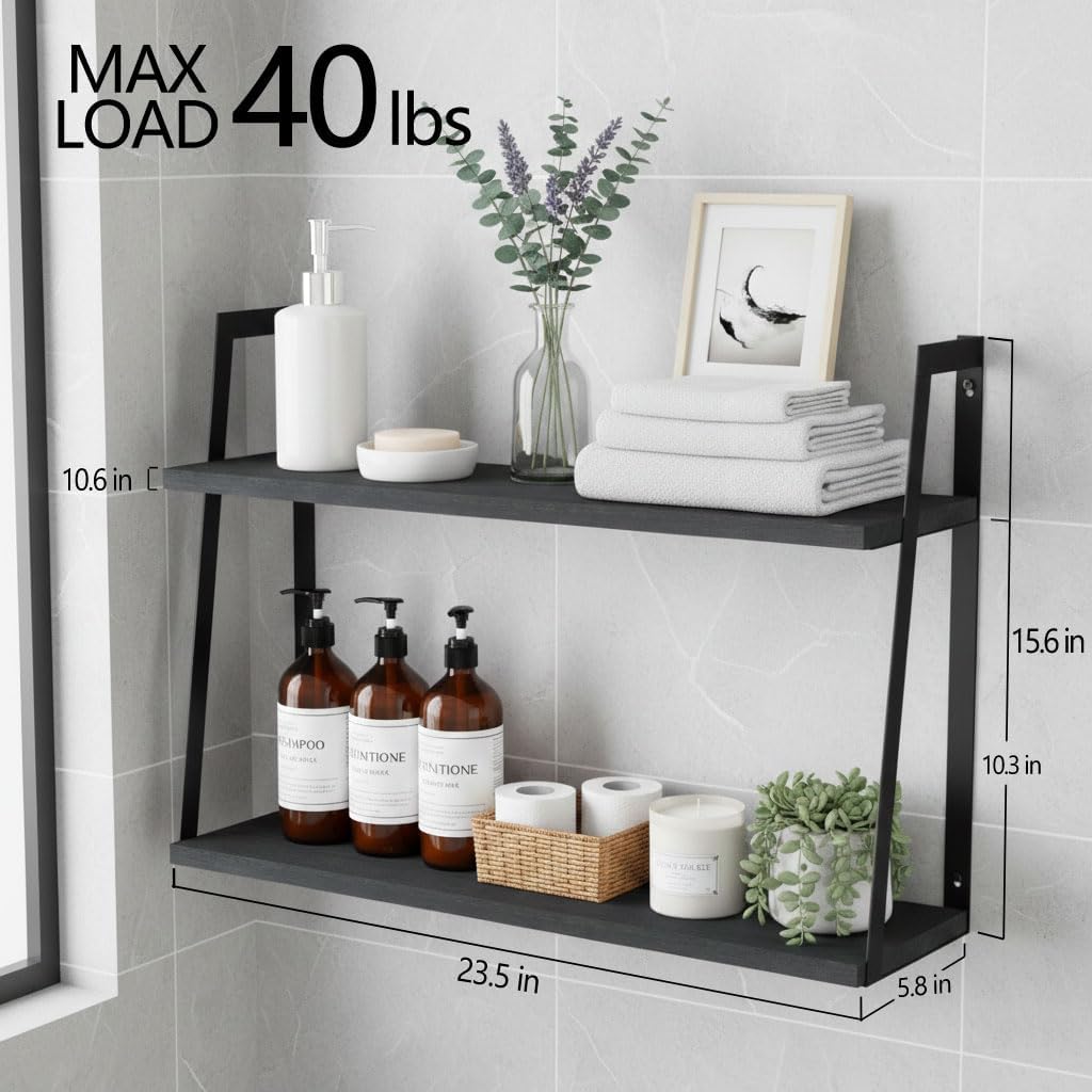 SRIWATANA Black 2-Tier Floating Wall Shelves, Rustic Wood Storage Shelf Set