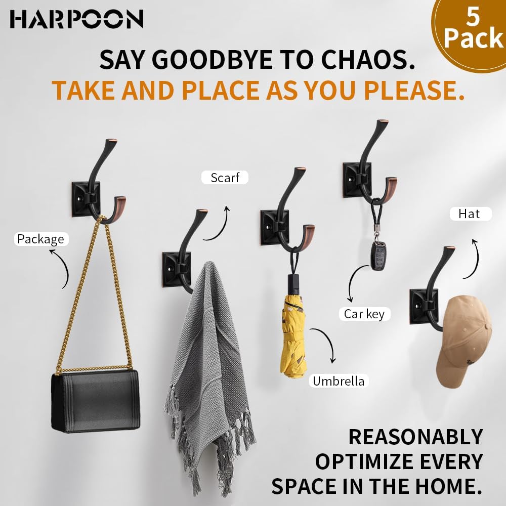 HARPOON 5 Pack 4.3" Double Prong Wall Hooks Oil-Rubbed Bronze Coat Hooks