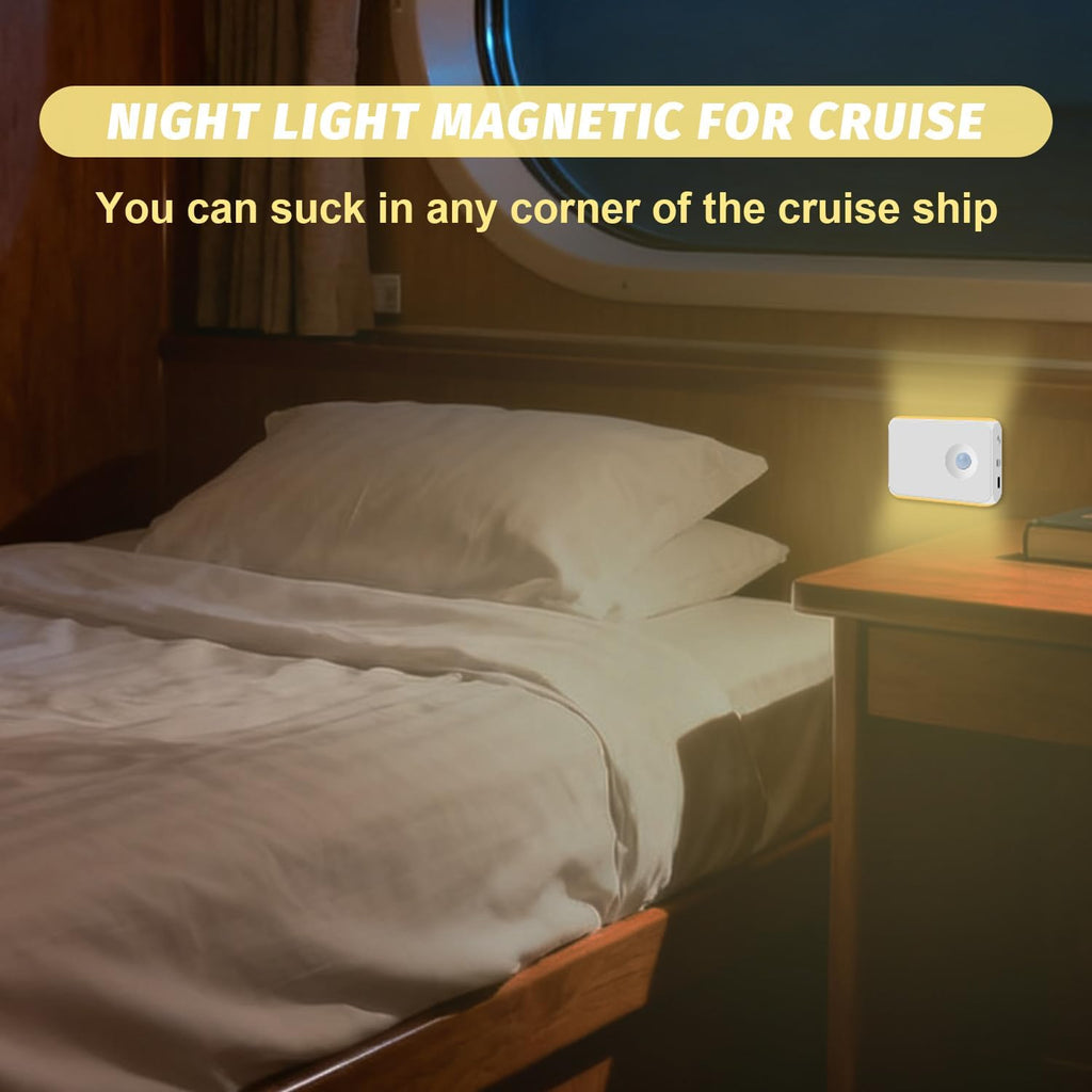 2 Pack Motion Sensor Night Light Cruise Ship Approved Magnetic Night Light Rechargeable with 2 USB Cable and 2 Magnetic Patch RGB Color Sensor Lights for Cabin Bathroom Hallway Stairs Cruise Essential