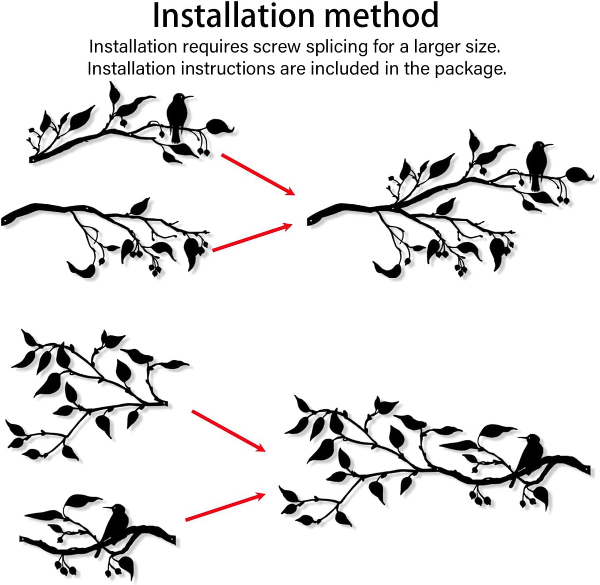 Harikikochuu 4PCS Large Birds on Branch Metal Wall Art Decor,Black Leaves with Birds Silhouette Art Metal Leaves with Hummingbirds Outdoor Wall Decor for Livingroom Balcony Garden Patio Decor.