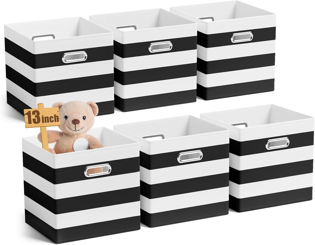 CroBlissful 13 Inch 6 Pcs Fabric Storage Cubes with Handle, Black and White