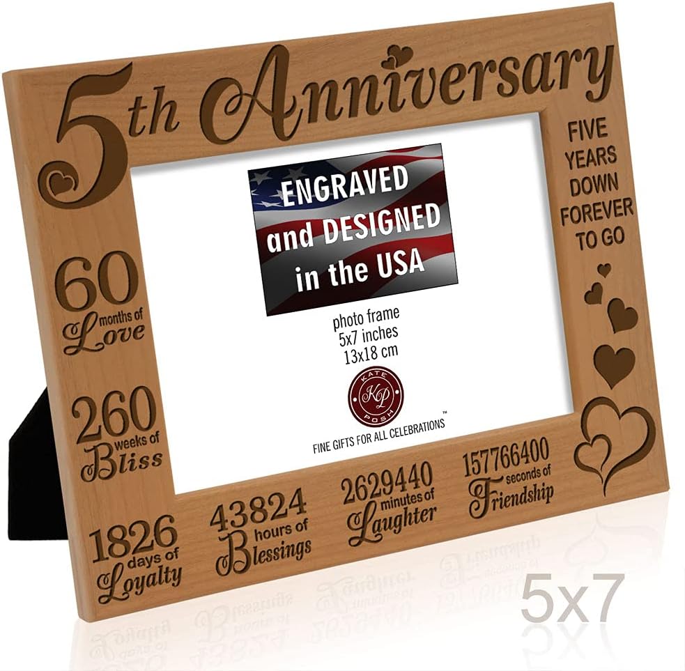 KATE POSH 5th Anniversary Engraved Natural Wood Picture Frame and Gifts, 5th Wood Wedding Anniversary (5x7-Horizontal)