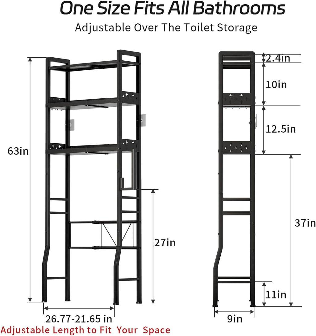 Over the Toilet Storage Shelf 3-Tier Adjustable Bathroom Organizers and Storage Shelves Bathroom Rack Above Toilet Storage with Paper Holder and 4 Hooks Space Saver Storage for Laundry