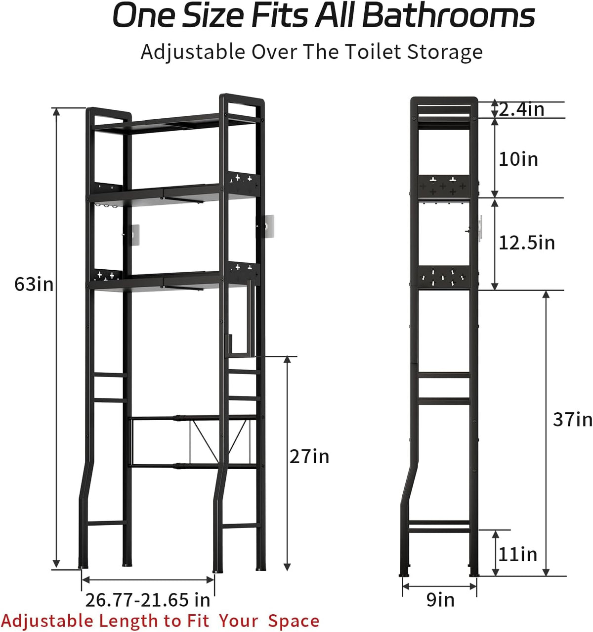 Over the Toilet Storage Shelf 3-Tier Adjustable Bathroom Organizers and Storage Shelves Bathroom Rack Above Toilet Storage with Paper Holder and 4 Hooks Space Saver Storage for Laundry