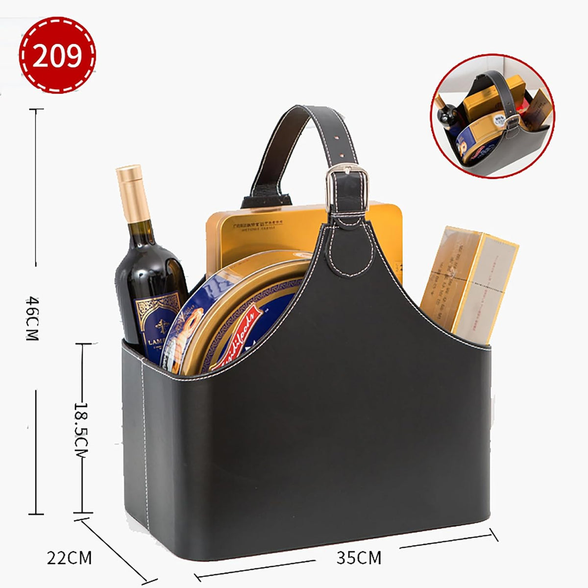 Leather Gift Basket,Magazine Newspaper Holder/Racks,Storage Organizer for Wine Flowers Fruits Candys,for Holiday Presents Christmas Display (Black #2)