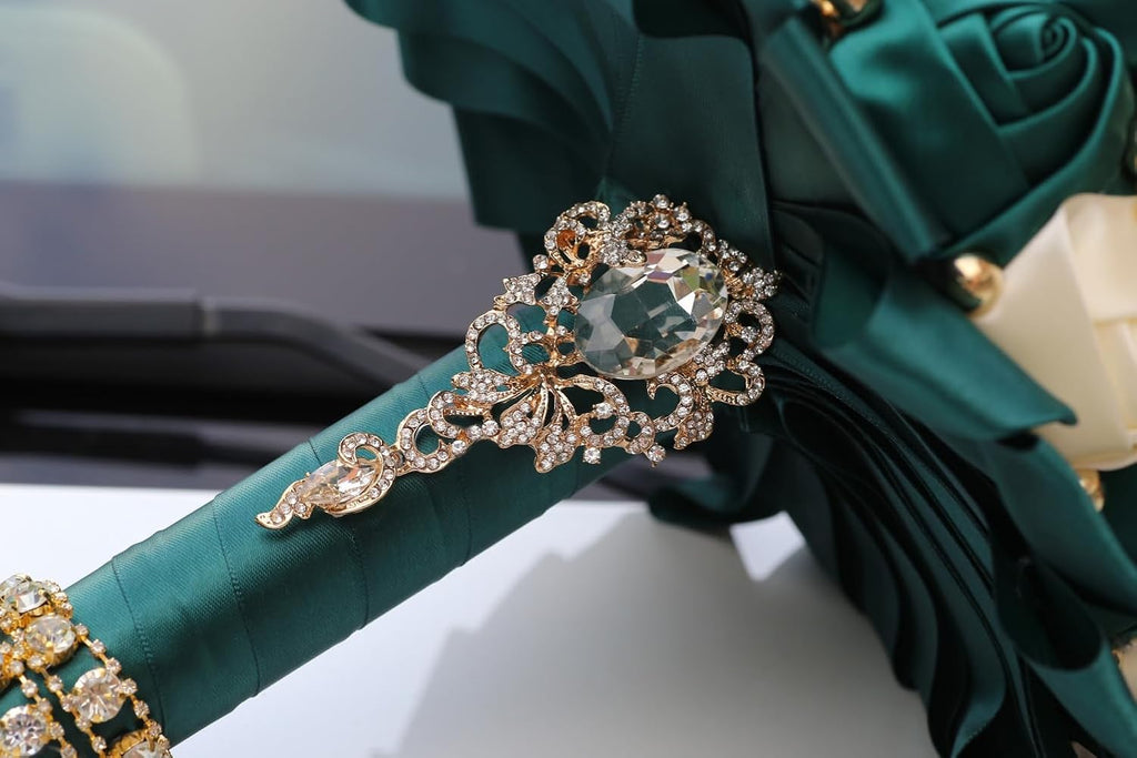 Emerald Green and Ivory Bridal Wedding Bouquet with Gold Brooch Rhinestone Pearl Satin Rose Flower Bouquet for Bride Bridesmaid Quinceanera Wedding Emerald Green and Ivory 7.1in