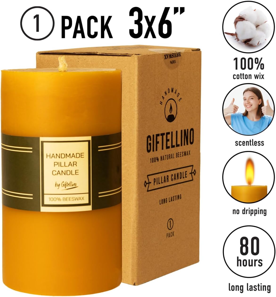 Large Pillar Beeswax Candle – Long-Lasting 80-Hour Pillar – Unscented & Hand-Poured – All-Natural Wax with Cotton Wick – Reliable Emergency Light or Gift Idea