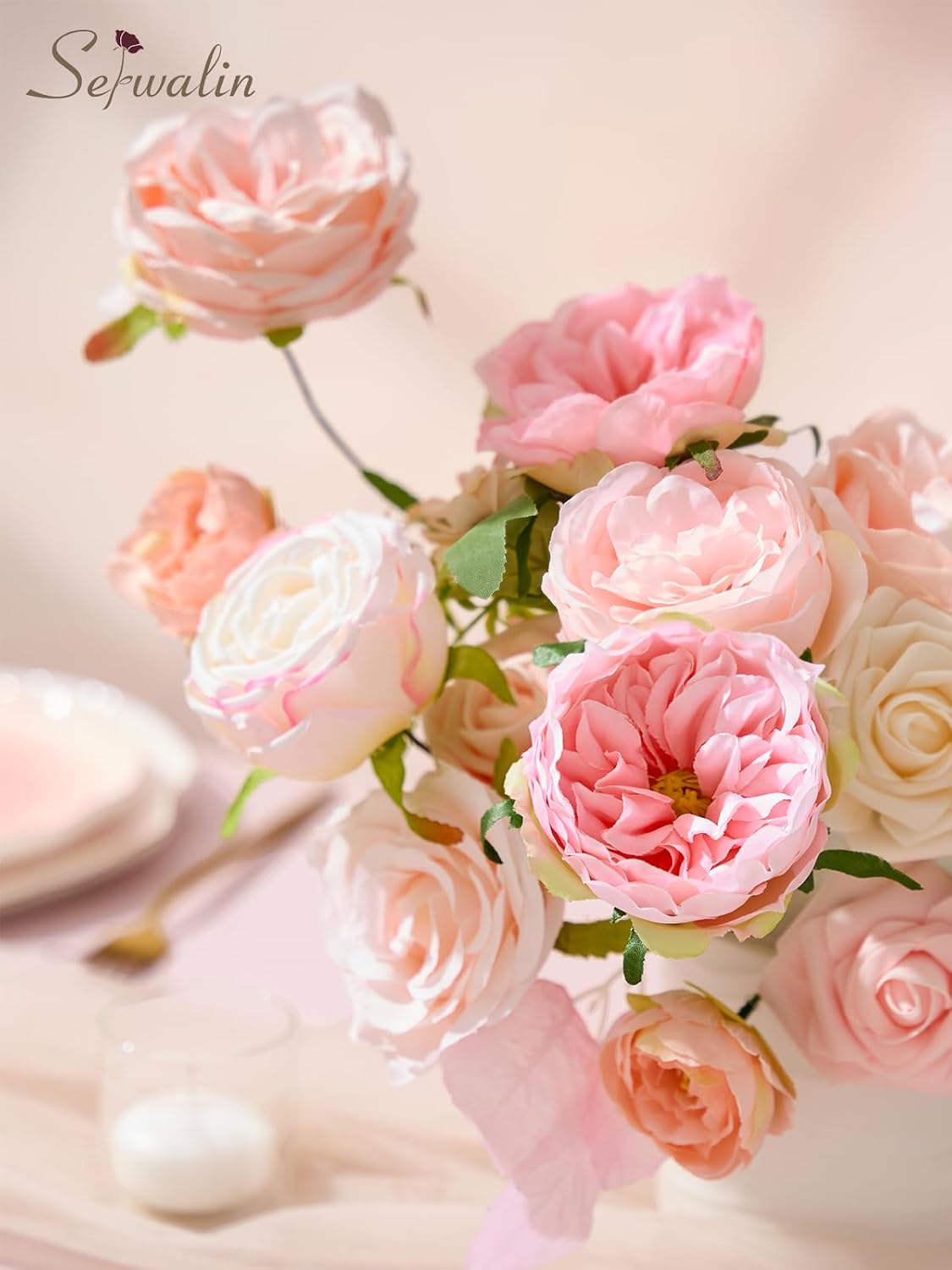 Serwalin 2PCS Artificial Flowers Pink Flowers Fake Silk Flowers for Wedding