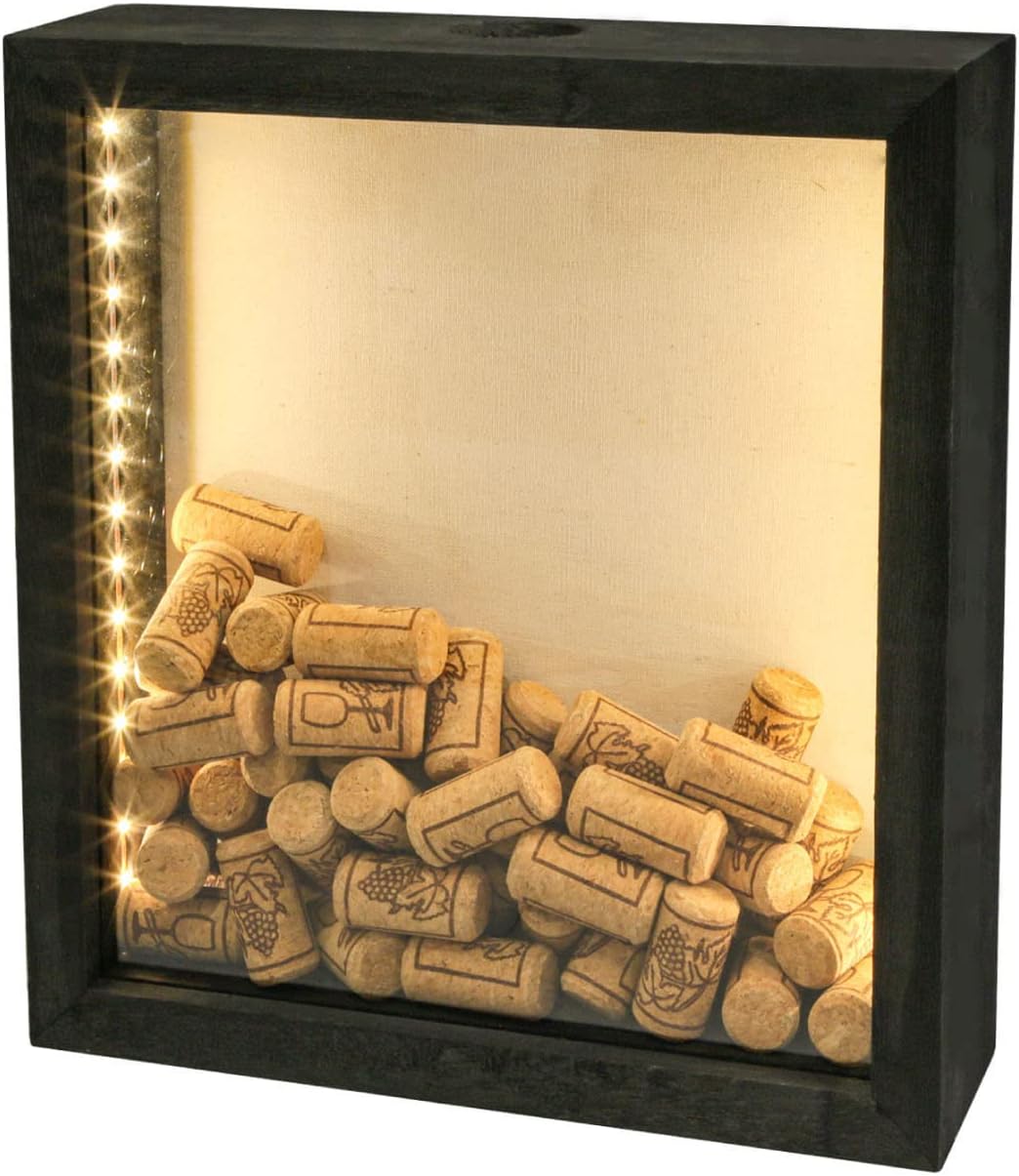 11x12 Shadow Box with Slot-Wine Cork Holder-Ticket Display Case Frame Come with Light-Beer Caps Show case-Christmas Home Decoration (Black)