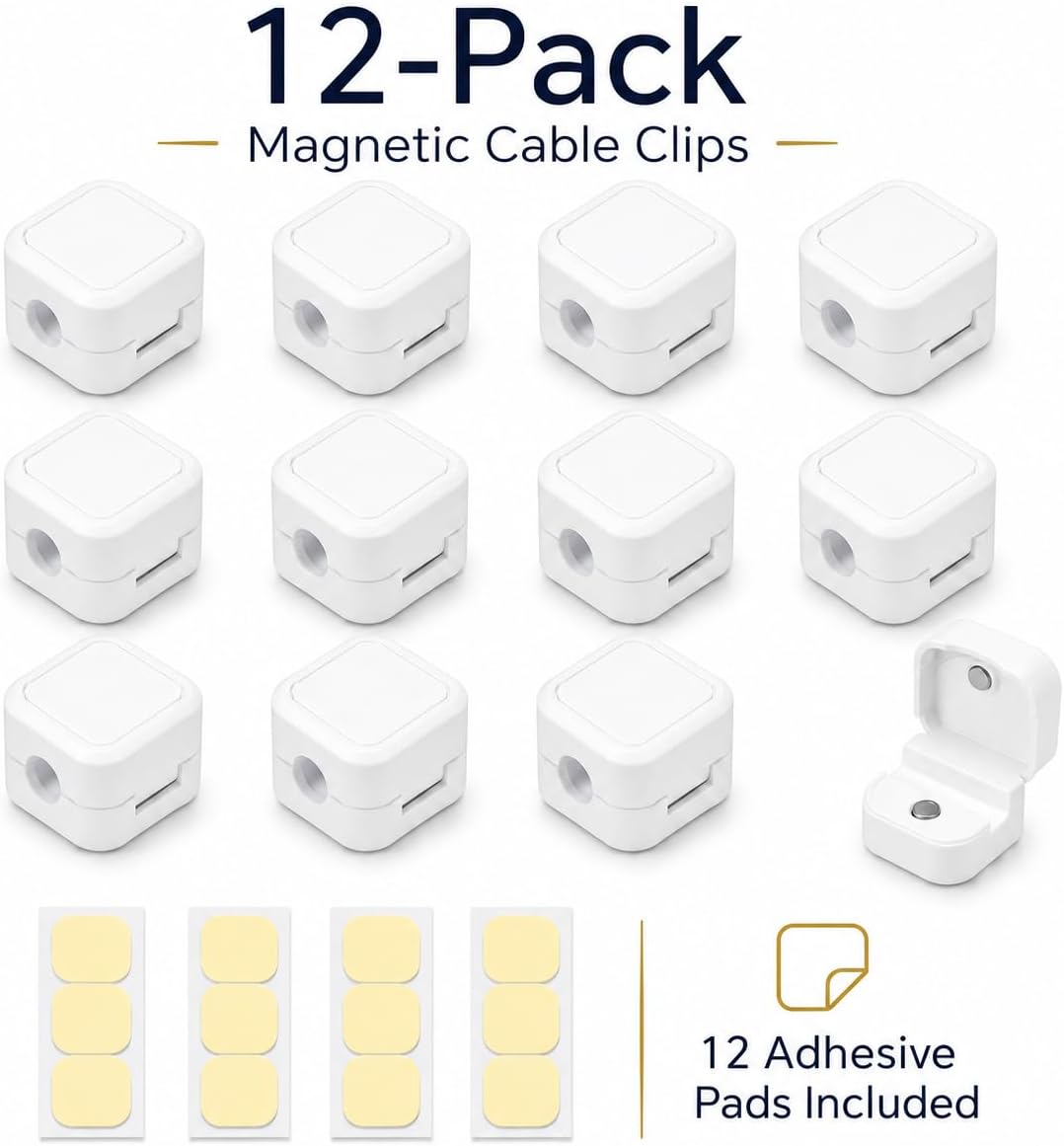 Magnetic Cable Clips - 12 Pack Self-Adhesive Cord Organizer Holders for Desk, Nightstand, Office & Car, Cable Management for Charging Cords, USB Cables & Headphones, White