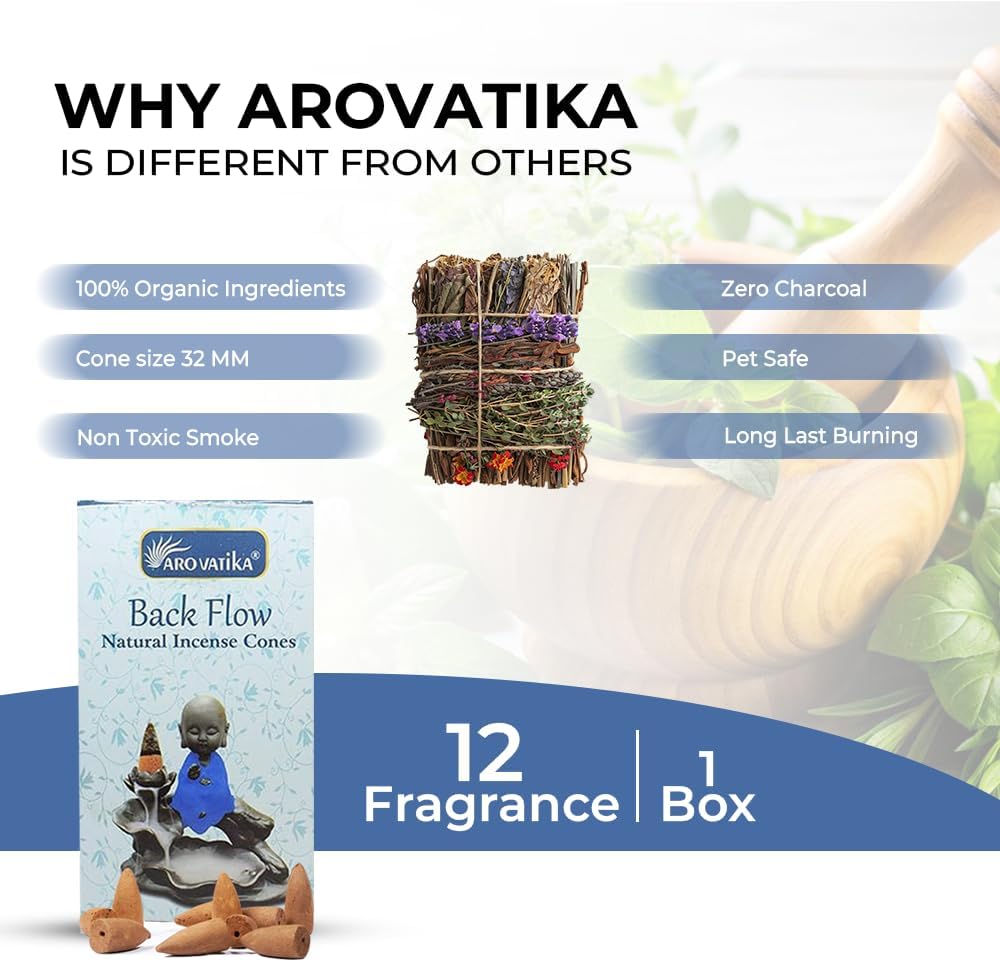 ARO VATIKA Backflow Natural Masala Pack 'B' Incense 50 Cones | 5 Assorted Fragrances of Patchouli, Sandal, Lavender, Rose, Lotus | Best for Prayer, Meditation & Home Fragrance | Burn time- 16-18 mins