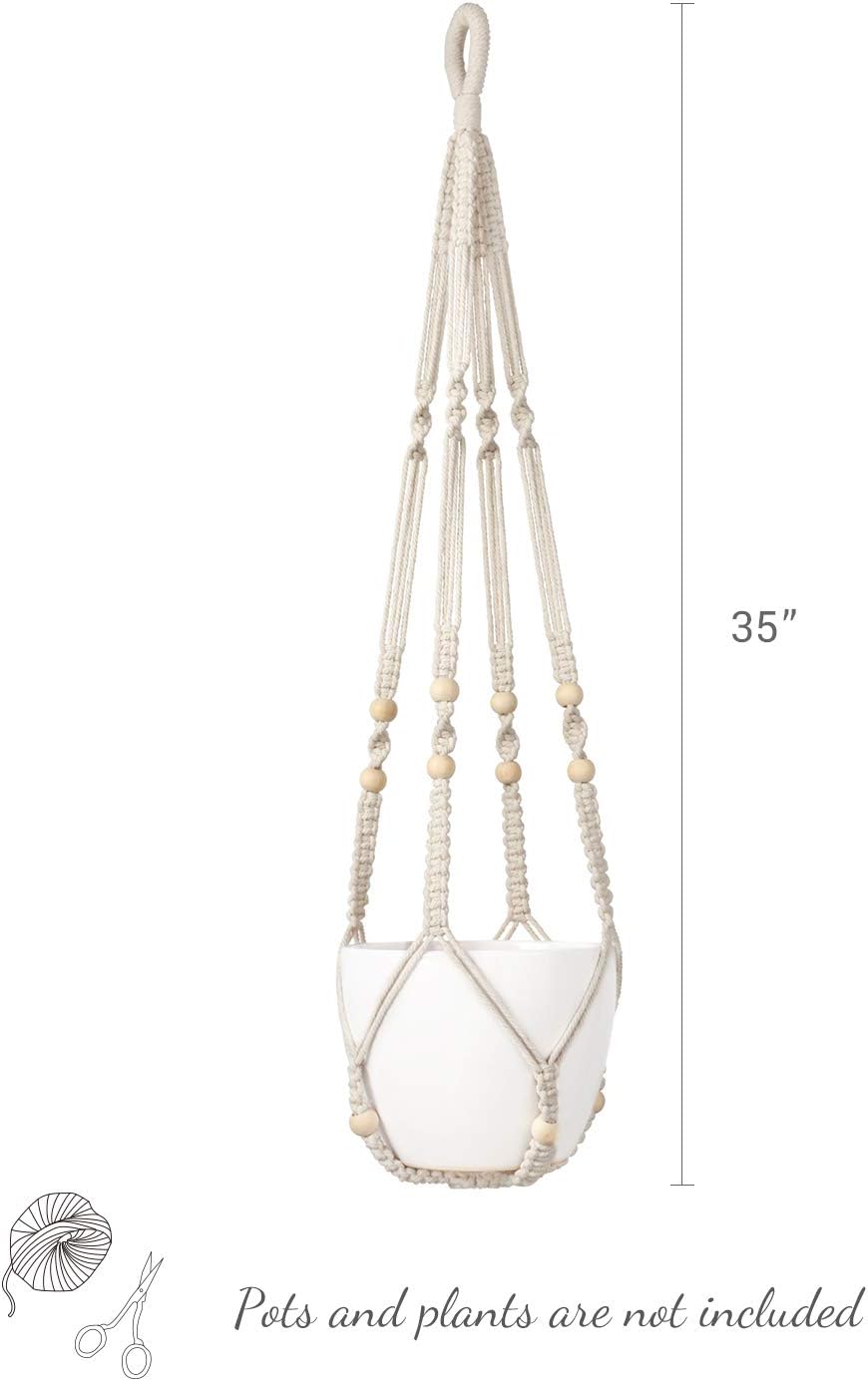 Mkono Macrame Plant Hangers Indoor Hanging Planter Basket and Ceiling Hooks, Decorative Flower Pot Holder No Tassels for Indoor Outdoor Home Decor, Ivory